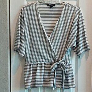 DKNY Black & White Short Sleeve Tie Front Blouse Women's Size S